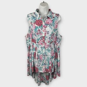 Torrid White Collared Rose Print Tunic Sleeveless Blouse Top 1X Cottagecore